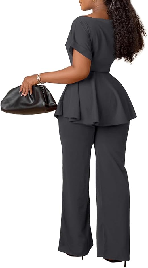 Women's 2-piece set: short-sleeved boat-neck blouse with frilled edges, wide-leg pants, business pants set