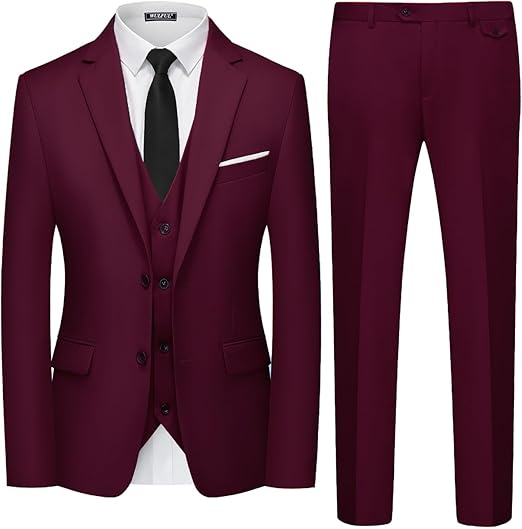 Men's 3-piece slim-fit suit set, two-button jacket, waistcoat and trousers, tuxedo set, suitable for parties, weddings and business occasions.