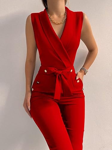 Women's elegant one-piece dress with V-neck, sleeveless, straight-waist pants, business suit with pockets