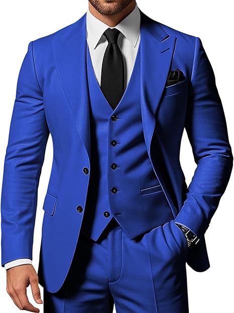 Men's 3-piece slim-fit pointed-collar 2-button suit jacket vest and trousers set for wedding, business, dance and party occasions.