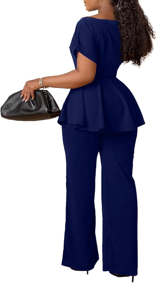 Women's 2-piece set: short-sleeved boat-neck blouse with frilled edges, wide-leg pants, business pants set