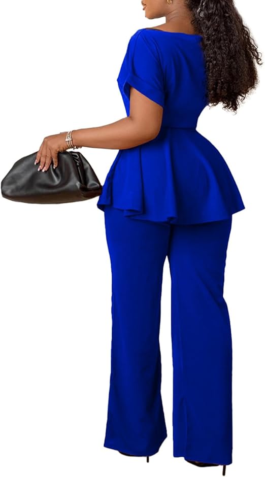 Women's 2-piece set: short-sleeved boat-neck blouse with frilled edges, wide-leg pants, business pants set
