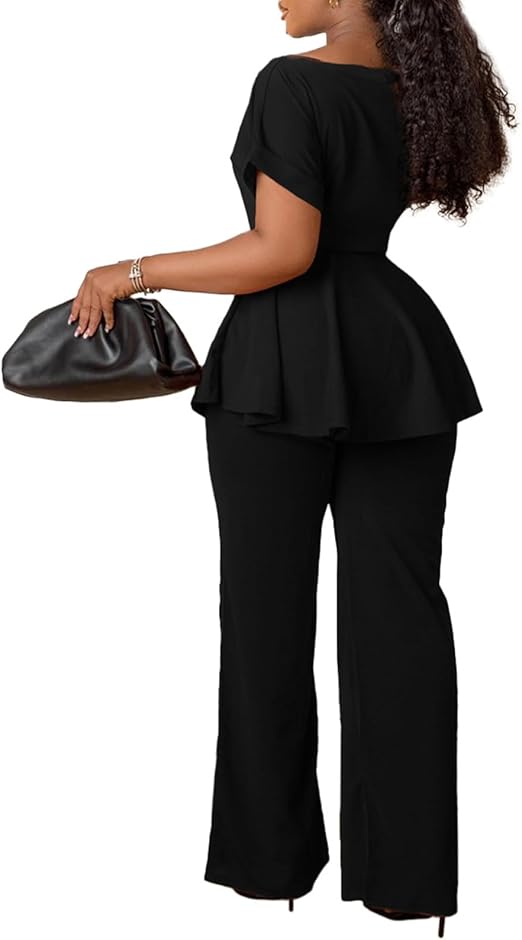Women's 2-piece set: short-sleeved boat-neck blouse with frilled edges, wide-leg pants, business pants set
