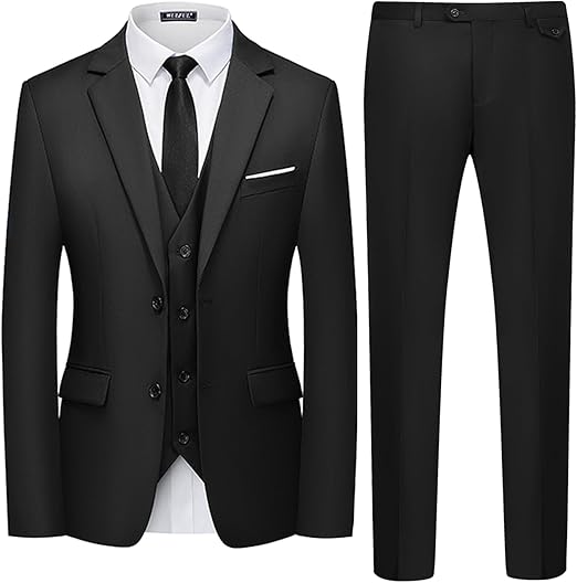 Men's 3-piece slim-fit suit set, two-button jacket, waistcoat and trousers, tuxedo set, suitable for parties, weddings and business occasions.