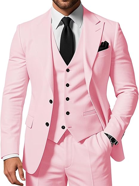 Men's 3-piece slim-fit pointed-collar 2-button suit jacket vest and trousers set for wedding, business, dance and party occasions.