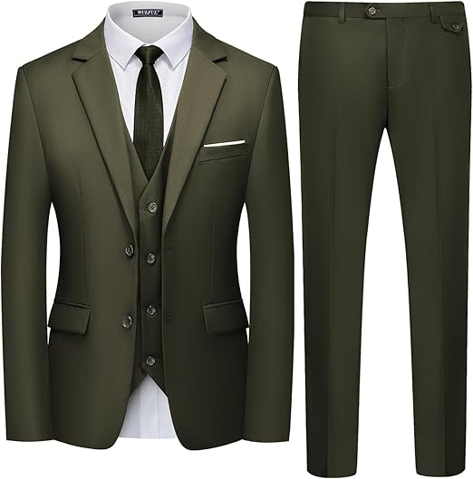 Men's 3-piece slim-fit suit set, two-button jacket, waistcoat and trousers, tuxedo set, suitable for parties, weddings and business occasions.