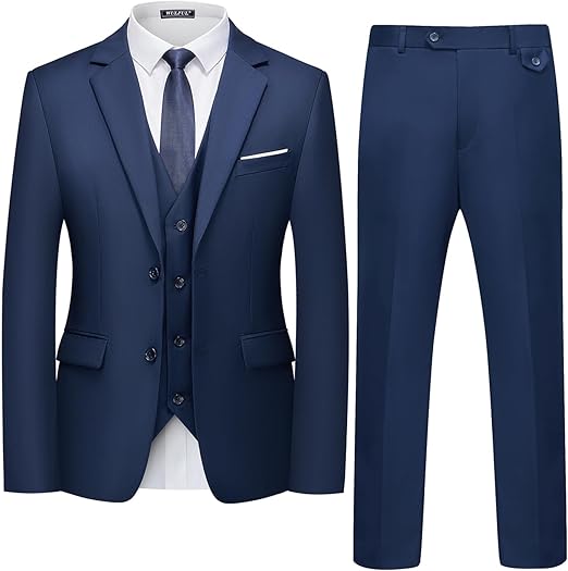 Men's 3-piece slim-fit suit set, two-button jacket, waistcoat and trousers, tuxedo set, suitable for parties, weddings and business occasions.