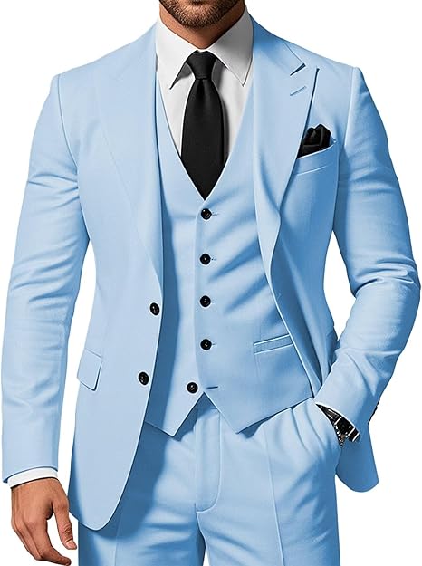 Men's 3-piece slim-fit pointed-collar 2-button suit jacket vest and trousers set for wedding, business, dance and party occasions.