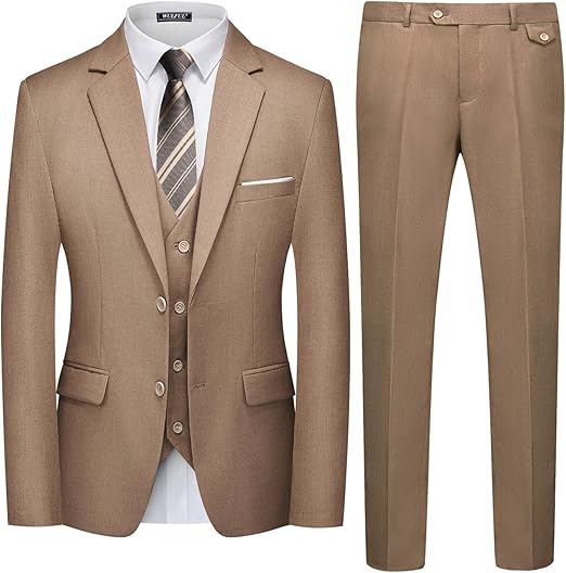 Men's 3-piece slim-fit suit set, two-button jacket, waistcoat and trousers, tuxedo set, suitable for parties, weddings and business occasions.