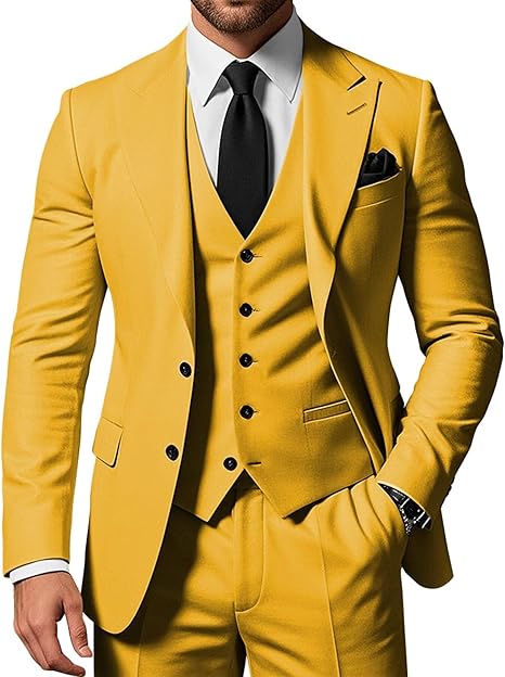 Men's 3-piece slim-fit pointed-collar 2-button suit jacket vest and trousers set for wedding, business, dance and party occasions.
