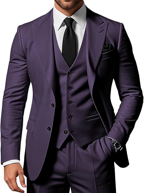 Men's 3-piece slim-fit pointed-collar 2-button suit jacket vest and trousers set for wedding, business, dance and party occasions.