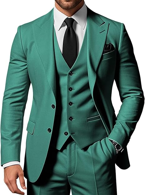 Men's 3-piece slim-fit pointed-collar 2-button suit jacket vest and trousers set for wedding, business, dance and party occasions.