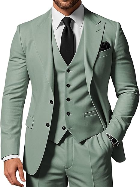 Men's 3-piece slim-fit pointed-collar 2-button suit jacket vest and trousers set for wedding, business, dance and party occasions.