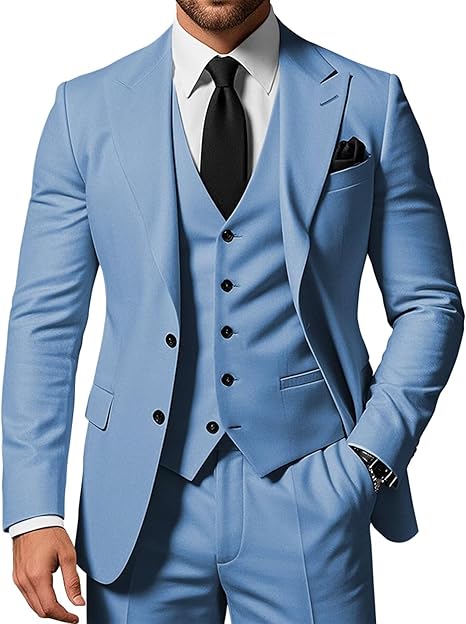 Men's 3-piece slim-fit pointed-collar 2-button suit jacket vest and trousers set for wedding, business, dance and party occasions.